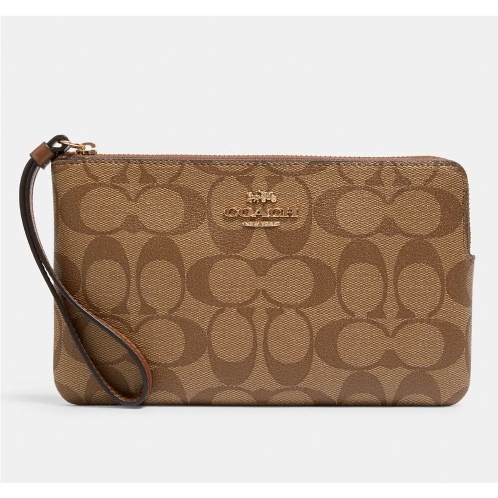 Coach Wristlet Signature Coated Canvas Corner Zip in Gold/Tan/Brown